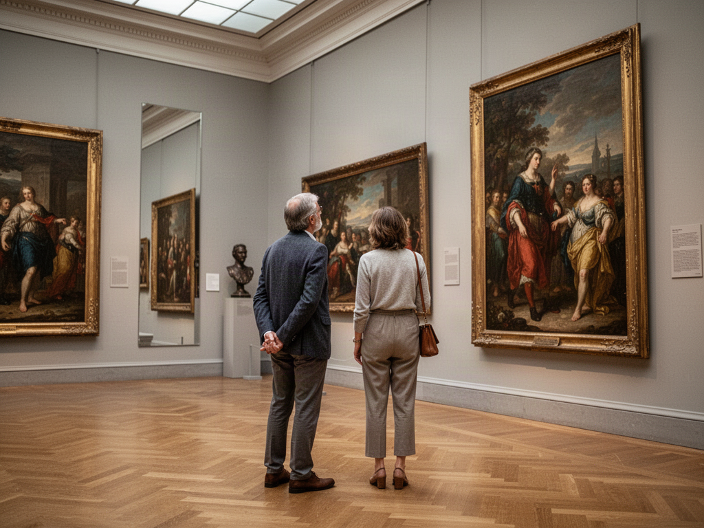 A culturally diverse group of young adults exploring an art museum together