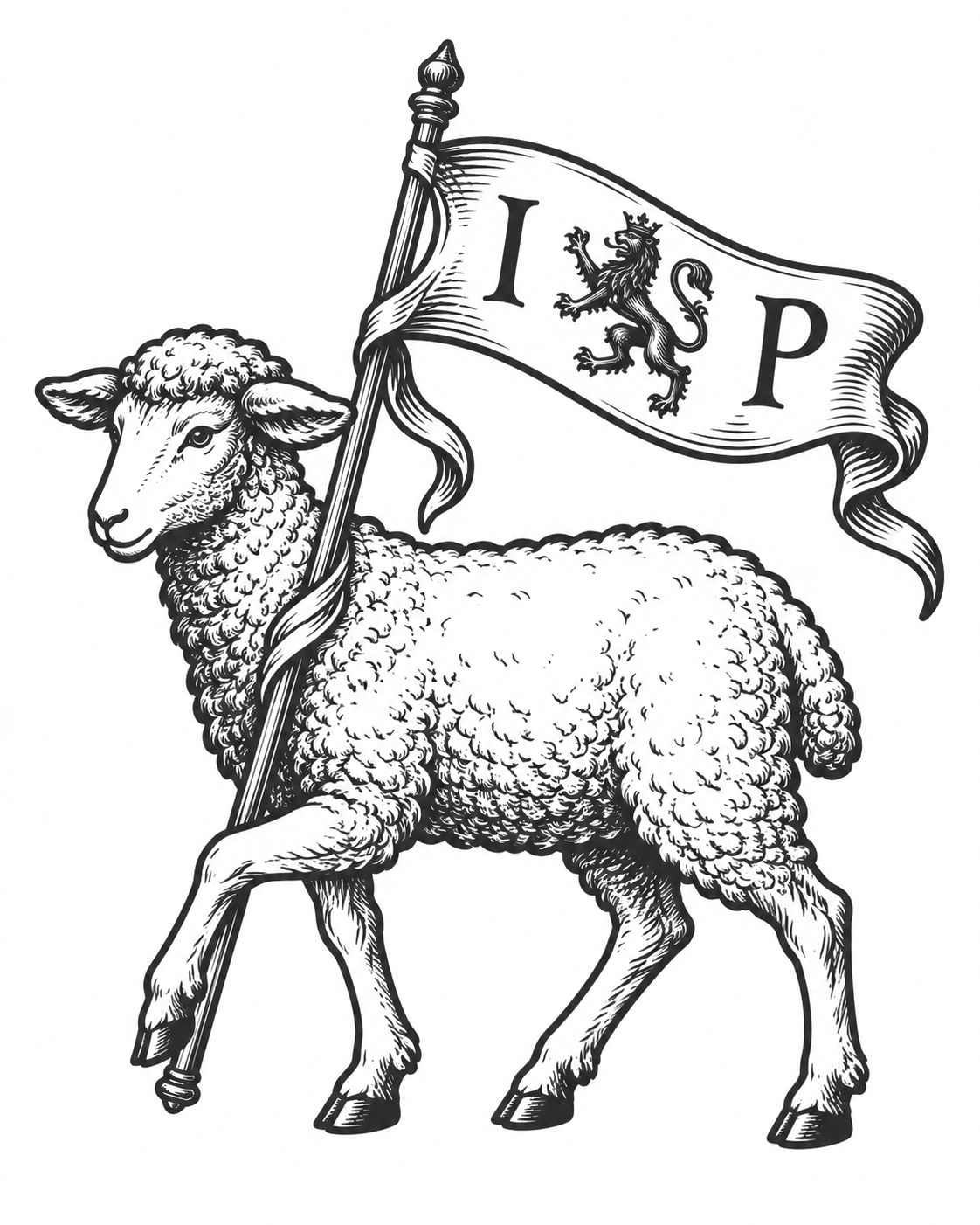 Lamb with a banner behind it, symbolizing lives offered in faith, work, worship and service